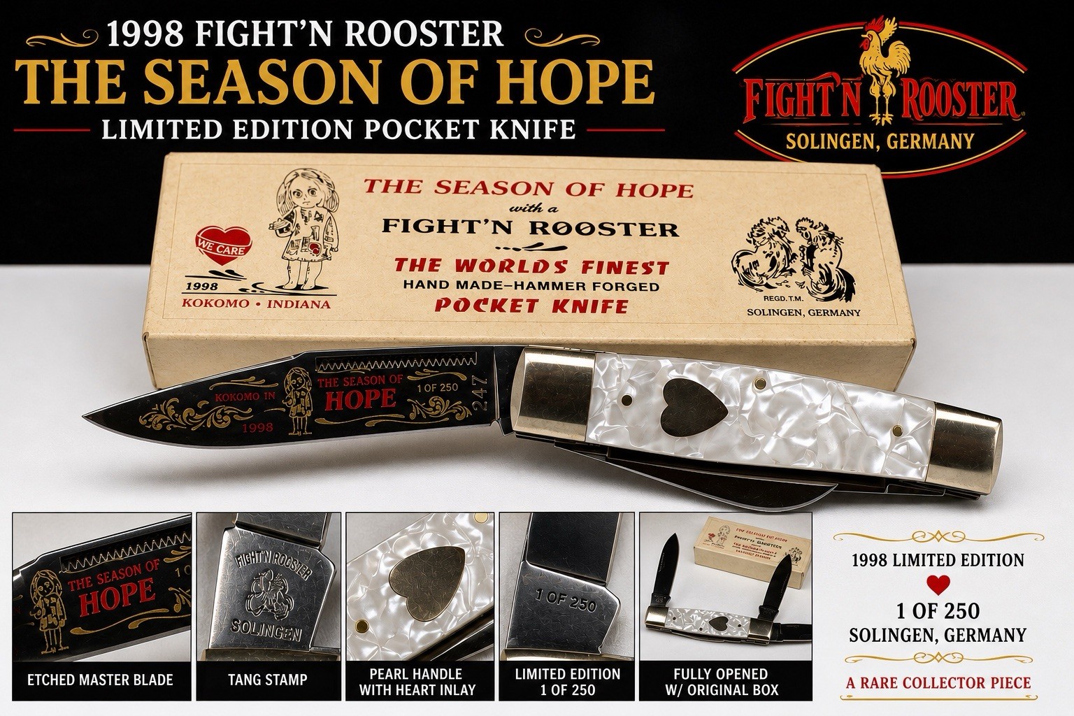 1998 Fight’n Rooster Season of Hope Knife 1/250 Solingen Germany w Box