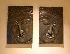 Pair Carved Wooden Buddha Face Wall Hanging Panels Brown Relief 3D Vertical