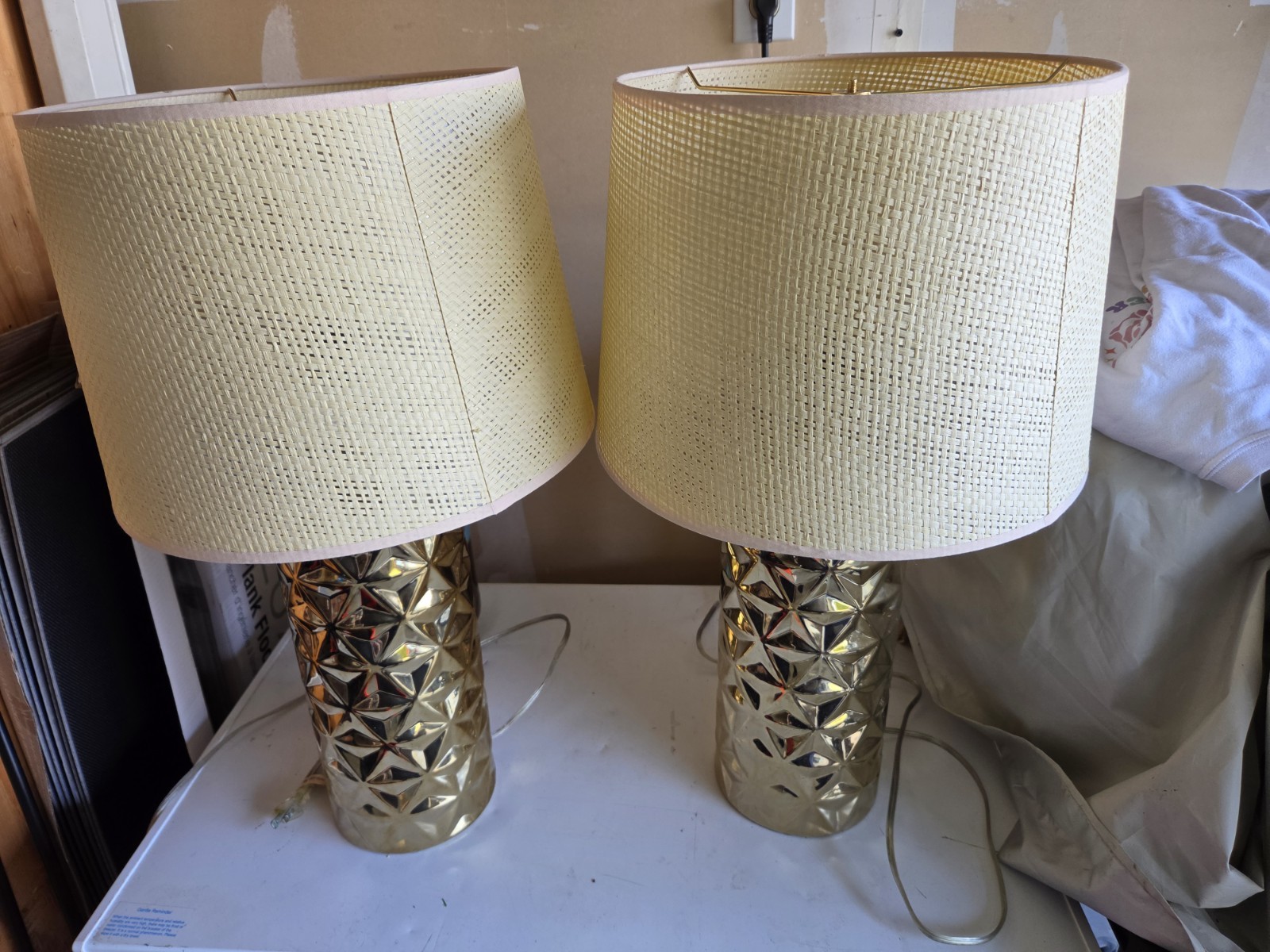 Set of 2 Gold Metallic Textured Table Lamps w/ Beige Drum Fabric Shades
