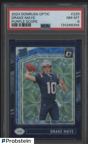 2024 Donruss Optic Purple Scope Prizm #229 Drake Maye Patriots RC Rookie PSA 8