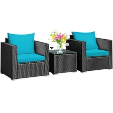 Patiojoy 3PCS Patio Rattan Wicker Furniture Set Sofa Table W/Cushion Turquoise