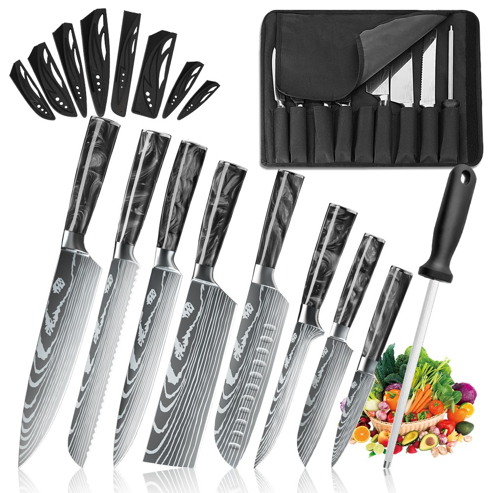 9PCS Kitchen Knife Set Japanese Damascus Pattern Chef Knives Stainless Steel USA