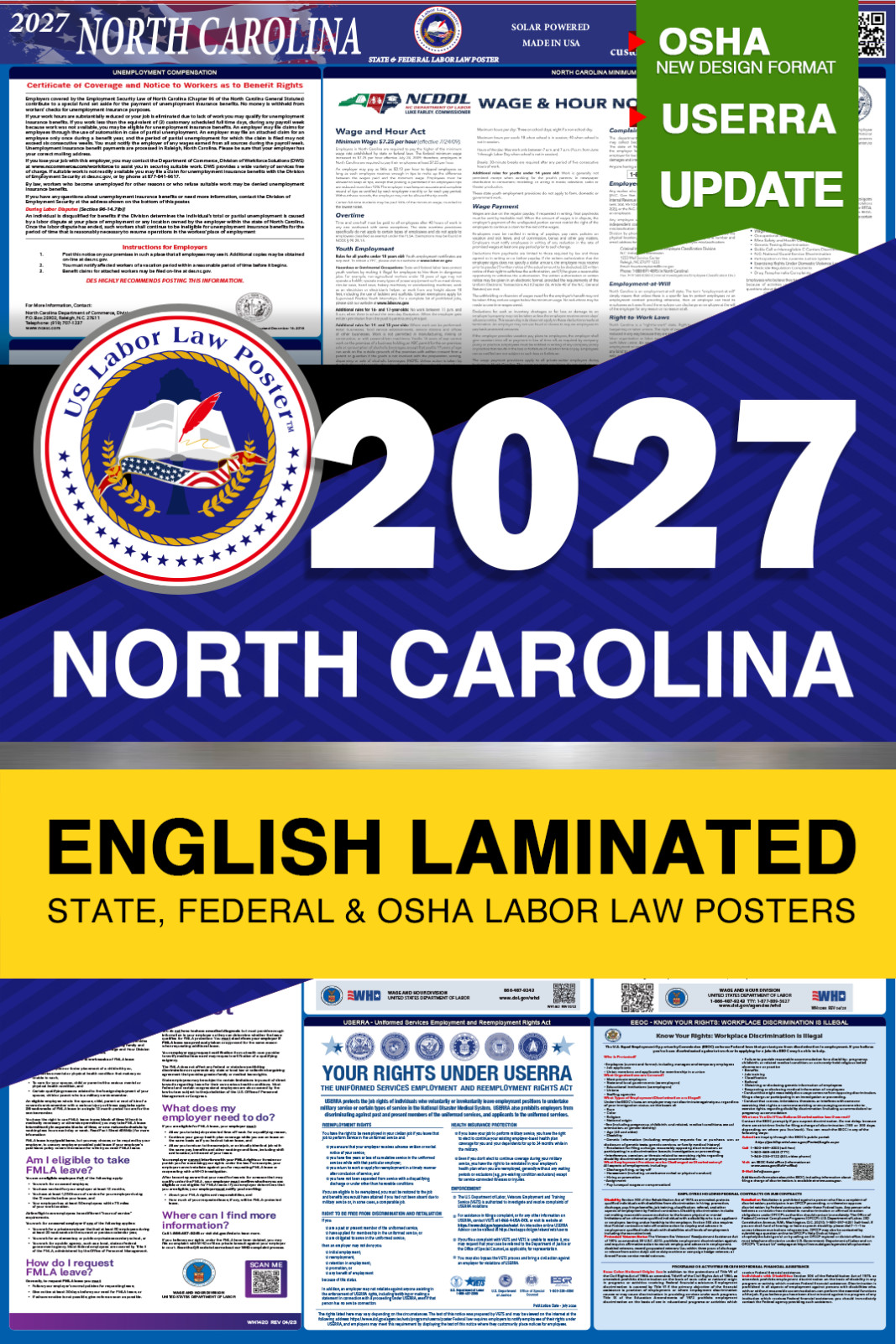 2027 North Carolina NC LABOR LAW POSTER (Federal & State) English Laminated