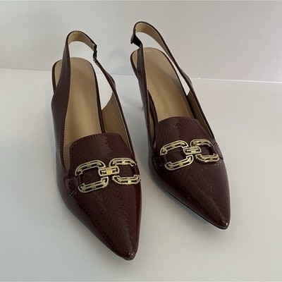 Burgundy Patent Leather Slingback Pointed Toe Heels with Gold Hardware