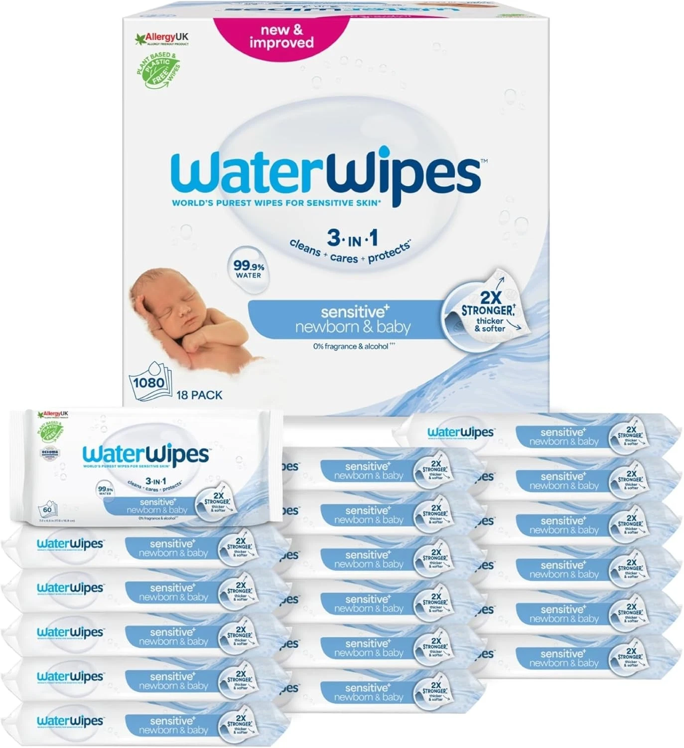 WaterWipes Sensitive+ Newborn & Baby Wipes 60 Wipes of 18 Packs 3 In 1 Unscented