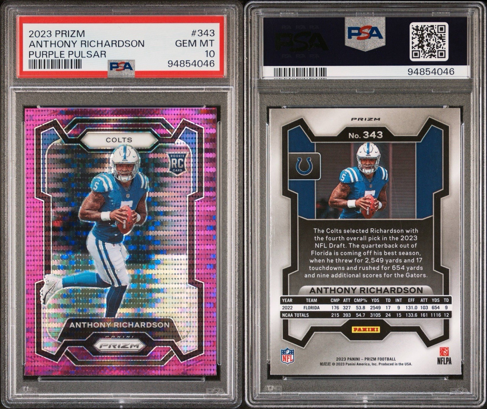 Anthony Richardson 2023 Panini Prizm #343 Purple Pulsar Prizm Rookie PSA 10 Gem