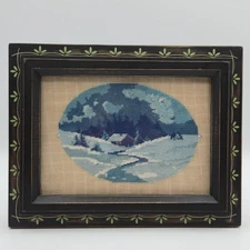 VNTG Rustic Lodge Décor Rare Woods Framed Needlepoint Winter Cabin Scene 9x7.5