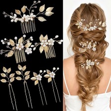 7 Pcs Gold Leaf Bridal Hair Pin Clip Crystal and Pearl Vintage Headpieces Wed...