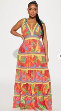 New Fashion Nova Bright Floral Deep V Maxi Dress Size M Resort