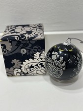 Vera Bradley Baroque glass ball ornament 2010 black, grey, white, yellow paisley