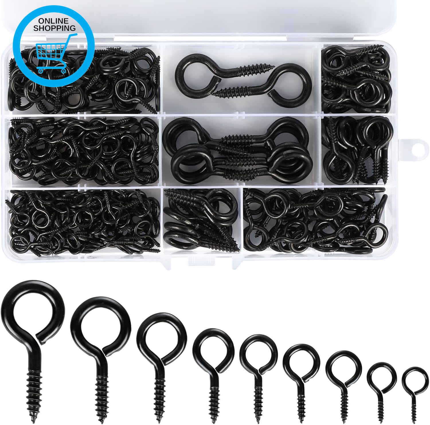 270 Pcs Eye Hooks, 9 Sizes Heavy Duty Vine Eyes, Eyelet Screws with Clear Storag