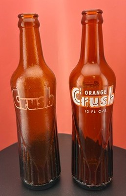 (2) Vintage 1966 Orange Crush ACL Soda Bottles-12 FL.Oz.Brown With Orange Tint