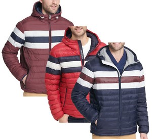 tommy hilfiger men's quilted color blocked hooded puffer jacket