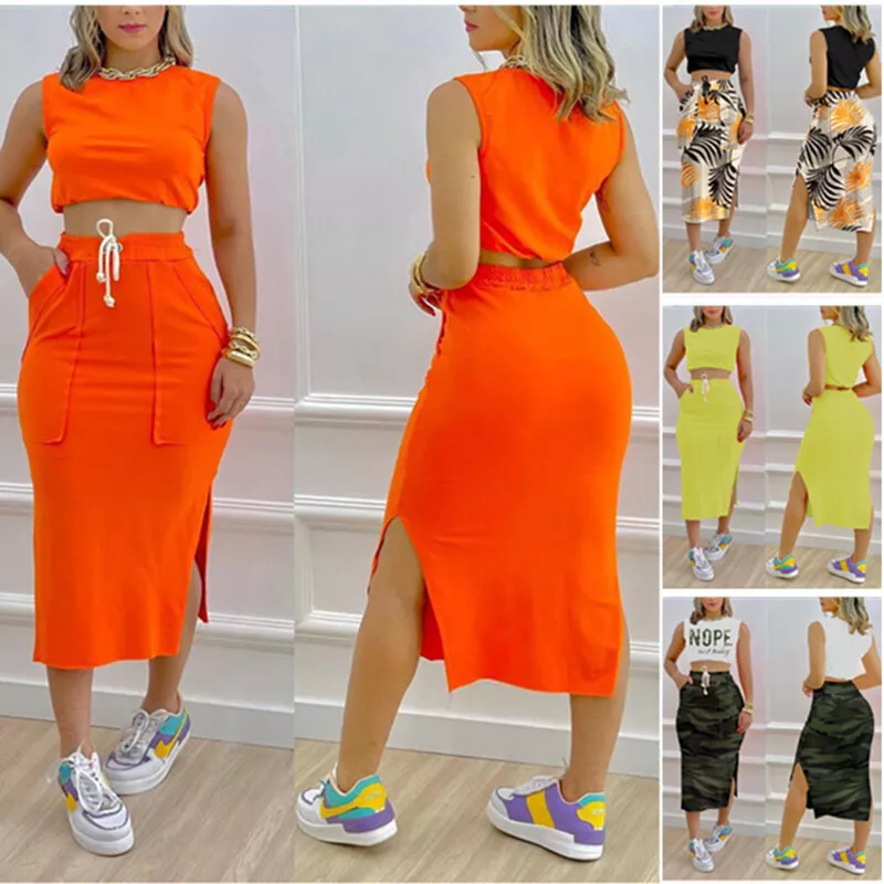 2 Piece Women Bodycon Crop Top Skirt Set Bandage Dress Clubwear Beach Suit