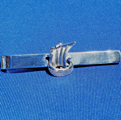 STERLING SILVER 925 Viking Ship Tie Clip Bar Denmark Vintage Signed Bjerring