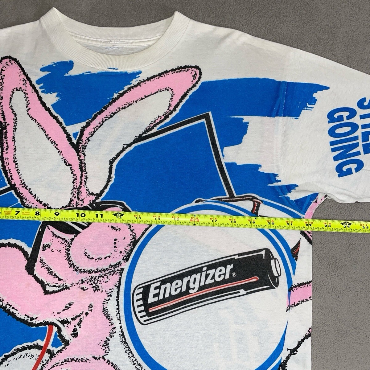 Vintage 1993 Energizer Bunny Battery All Over Print T-shirt White 