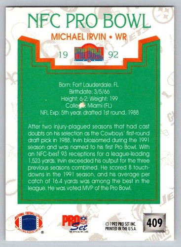 1992 Pro Set - Michael Irvin #409 - Picture 2 of 2