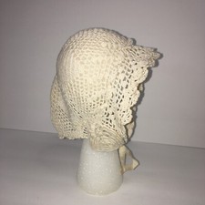Vintage Hand Crocheted Cotton Thread Baby Bonnet With Rosettes  Satin Ribbon