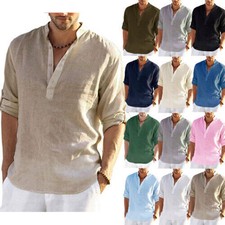 Herren Langarm Leinen-Optik Hemd Tops Freizei...