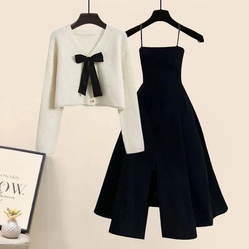 Winter Women's Set Knitted Sweater Strap Autumn Skirt Women's Two Piece Set