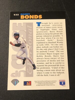 1994 Collector's Choice Up Close & Personal Barry Bonds (Black Bar