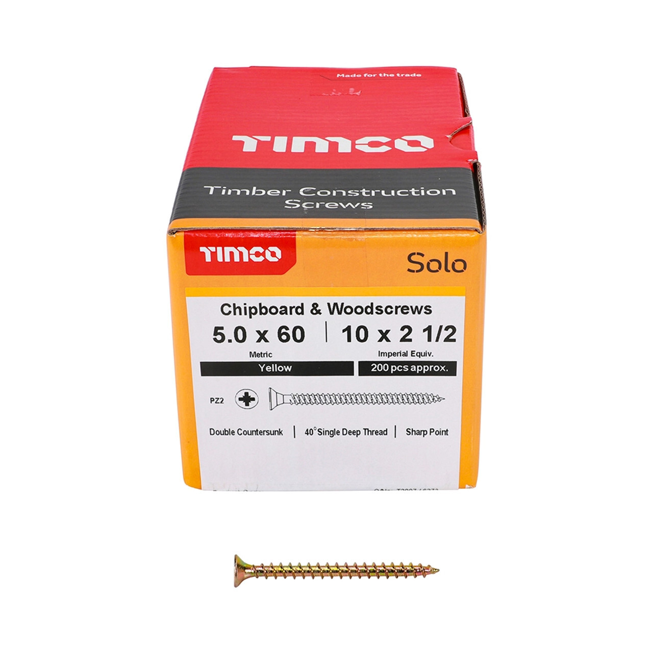 Timco 5.0 x 60mm Solo Woodscrew Zinc Yellow Passivated - Box of 200