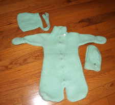 Vintage Handmade Knitted Infant Baby Bunting Sack Snowsuit with 2 Hats Green