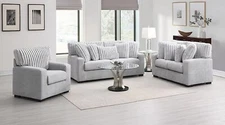 Towcester 3-Piece Grey Fabric Sofa Set with Striped Pillows
