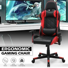Red Leather Racing Gaming Chair Home Computer Swivel Seat w/Lumbar & Head Pillow