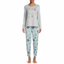 COFFEE CATS LONG SLEEVE JOGGER SECRET TREASURES GRAY BLUE PANTS PAJAMAS SET 2X