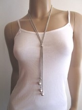 Damen Hals Kette lang Y Modekette Silber Kugeln Perlen Strass Lagenlook Trend