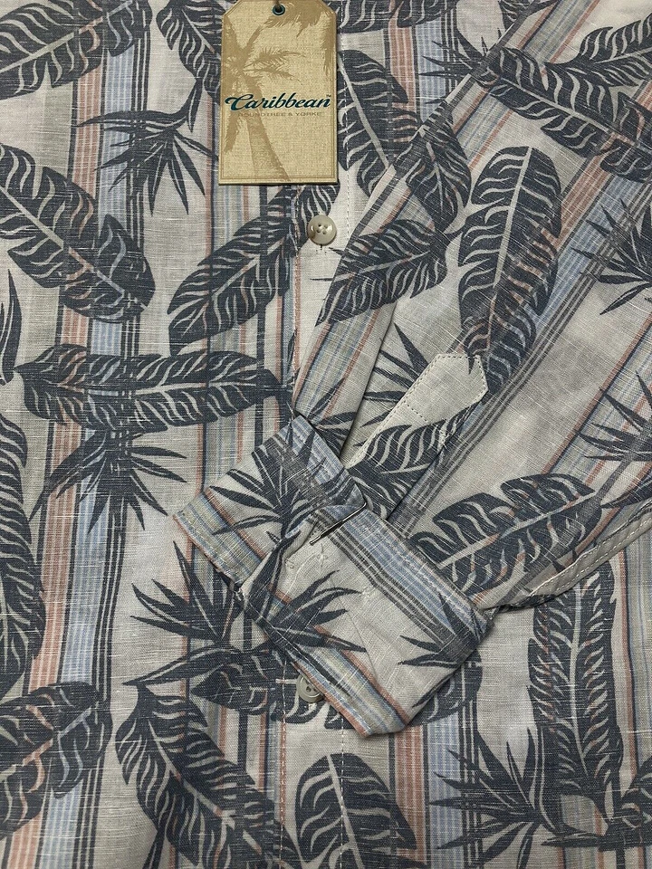 Caribbean Men Shirt XL Button Down Linen Blend Long Sleeve Tropical Blue New - Image 3 of 4