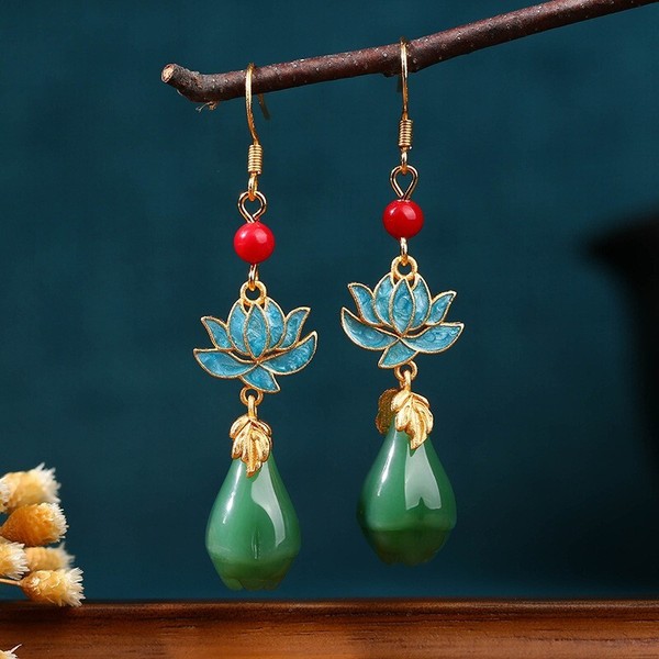 Alternate view of Jade Drop Dangle Earrings Flower Gemstone Boho Dainty Hook 18k Gold Plated