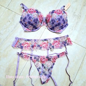 Victoria's Secret Dream Angels Push Up bra set embroidery purple floral 5Z5A