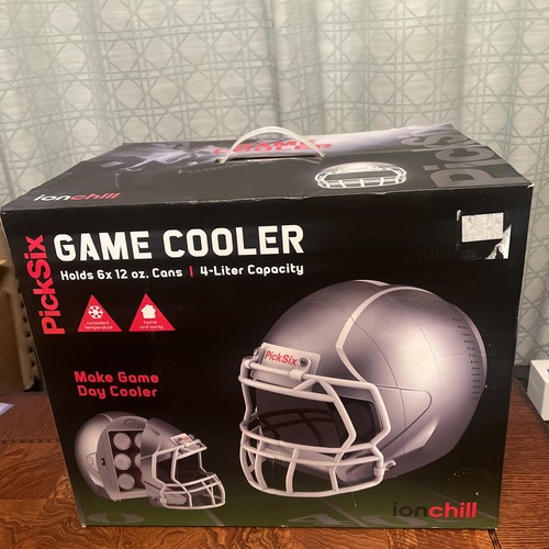 Iconic PickSix Game Cooler Football Helmet Shaped 6 Can Mini Fridge White