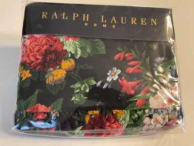 NIP Ralph Lauren Cossette Floral/Isadora Black Ruffled King Floral Flat Sheet