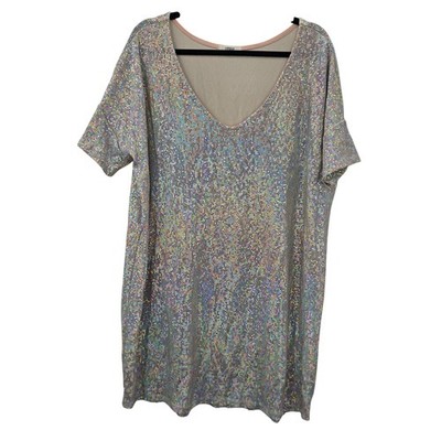 Cherish Dress Womens Large Silver Sequin Sparkly T-Shirt Short Sleeve Party Glam