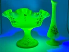 Vintage Fenton Signed Hand Painted Custard Ruffled Bowl Compote & Matching Vase