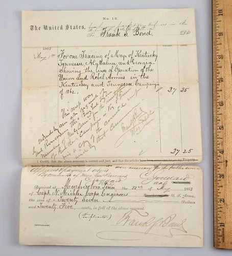 Original 1863 Civil War Purchase Order Receipt For Rebel Lines Map Frank S. Bond