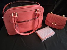 Pink Quilted Satchel Top Handle Bag with Gold Hardware and Pouch for Women
