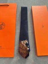 Herm s Men's Silk Tie Rare Design Tie Navy 100 Silk Brand New Lion Head