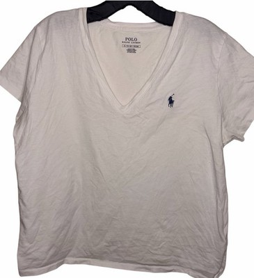 Polo Ralph Lauren Women's XL White V-Neck T-Shirt Blue Embroidered Pony Logo