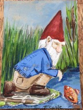 ACEO Art Card Original Acrylic Gnome Fishing Nature