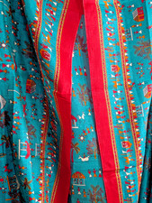 Silk Scarf Shawl Wrap Stole Dupatta Teal Madhubani Patterns Soft Tassled 80"x44"