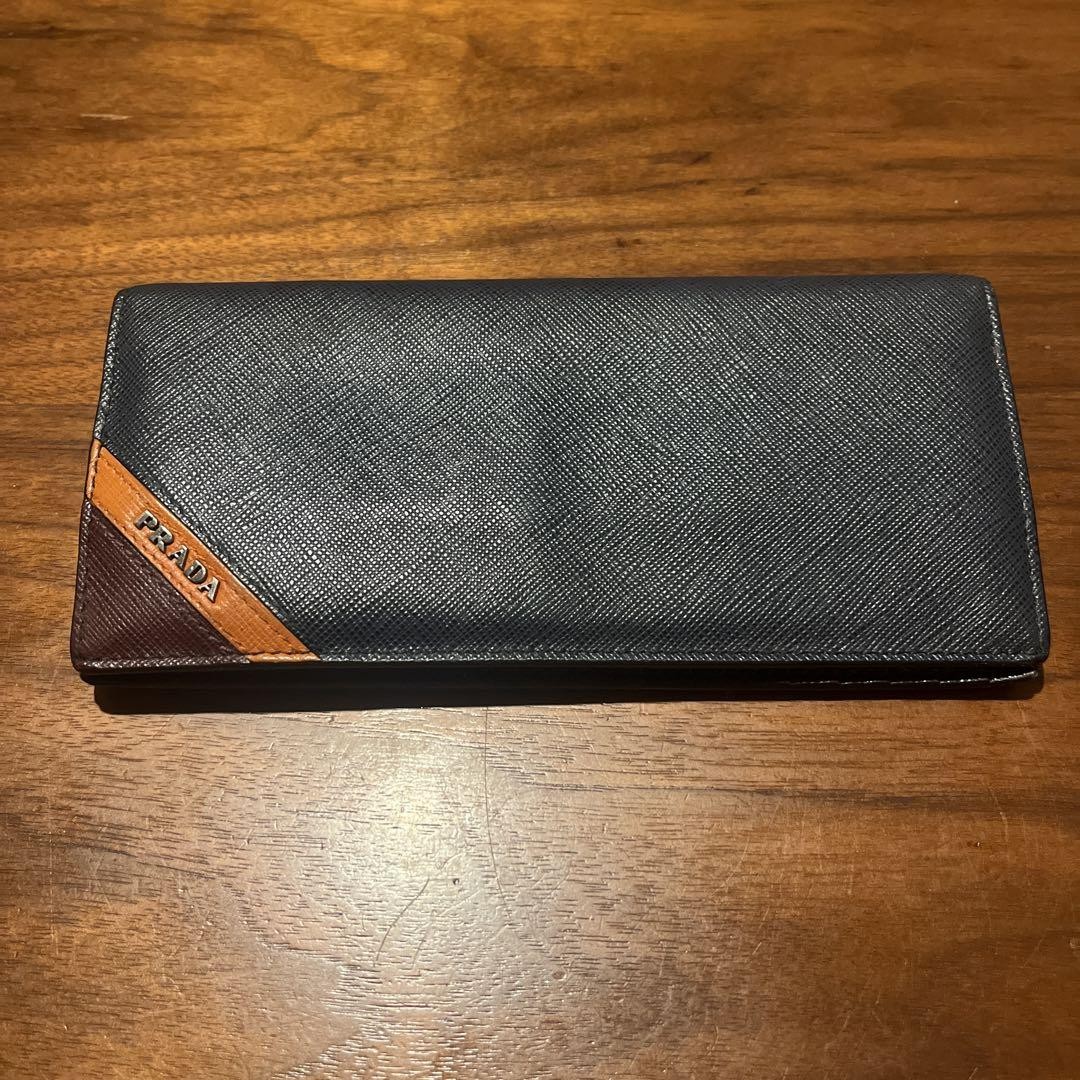 Prada Mens Long Bifold Wallet in Navy and Brown Leather