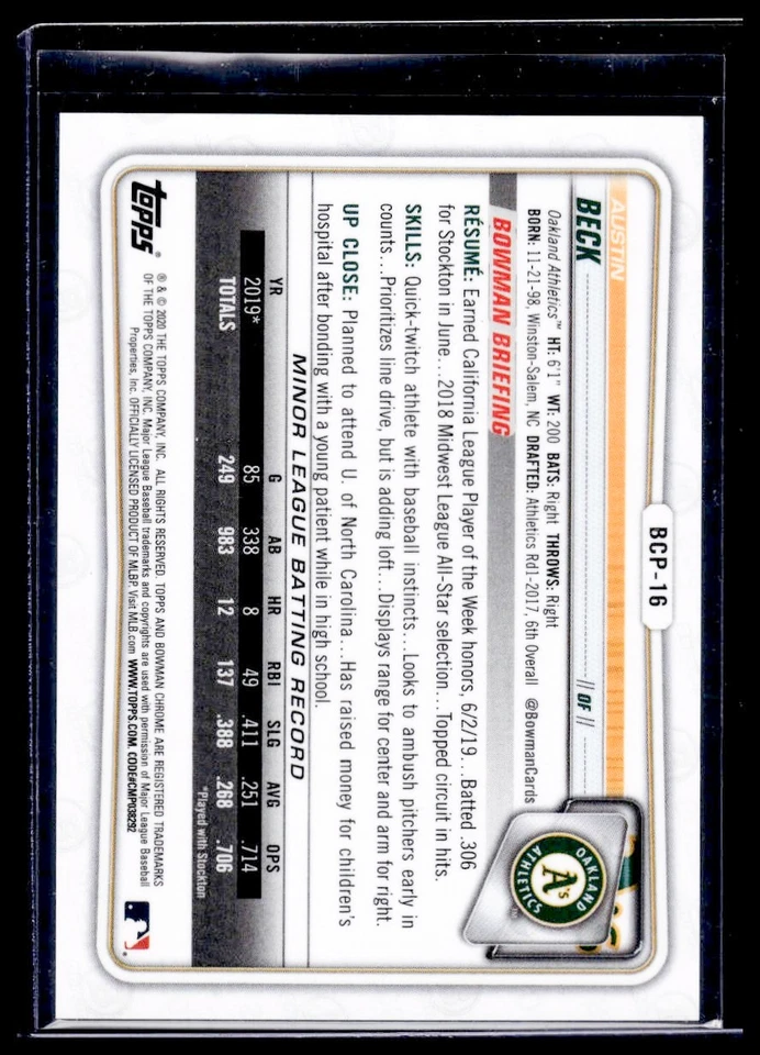 2020 Bowman Austin Beck Chrome Aqua Shimmer Refractor BCP-16 /125 Athletics - Image 2 of 2