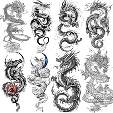 8 Sheets Cool Dragon Temporary Tattoos For Men Women Adults, Black Realistic Dra