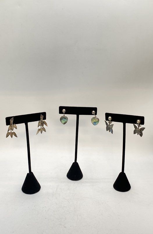 925 Mexican Sterling Silver Earrings Lot 3 Pairs Abalone Butterfly Heart Bamboo