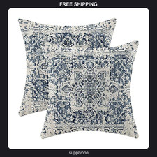 Boho Pillow Covers 18x18 Set of 2, Blue White Ethnic Linen Decorative Cases