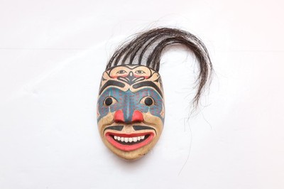 Pacific Northwest Coast Native Art Small Carved Wood Mask 4.75'' Tribal w Hair-